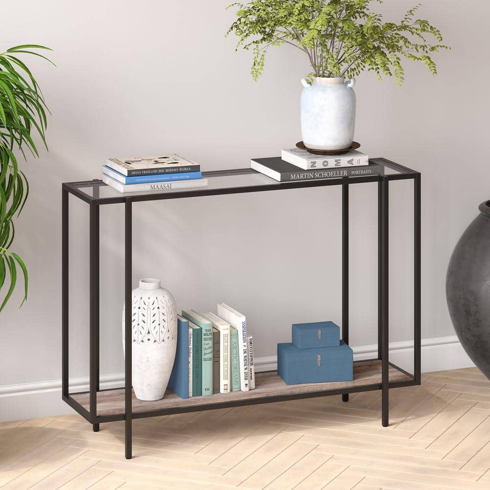Mid-Century 42" Blackened Bronze and Gray Oak Console Table with Shelf