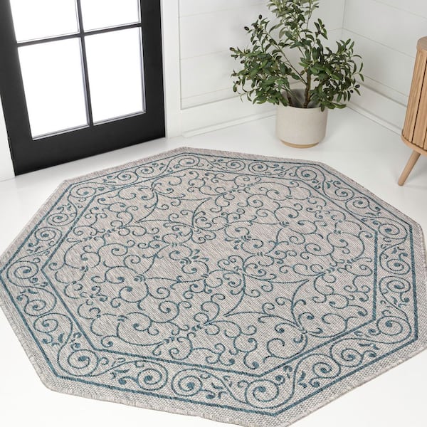 Charleston Vintage Filigree Textured Weave Gray/Teal 5 ft. Octagon Indoor/Outdoor Area Rug