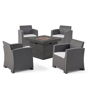 Bedrock 5-Piece Faux Wicker Outdoor Patio Fire Pit Conversation Set with Light Grey Cushions