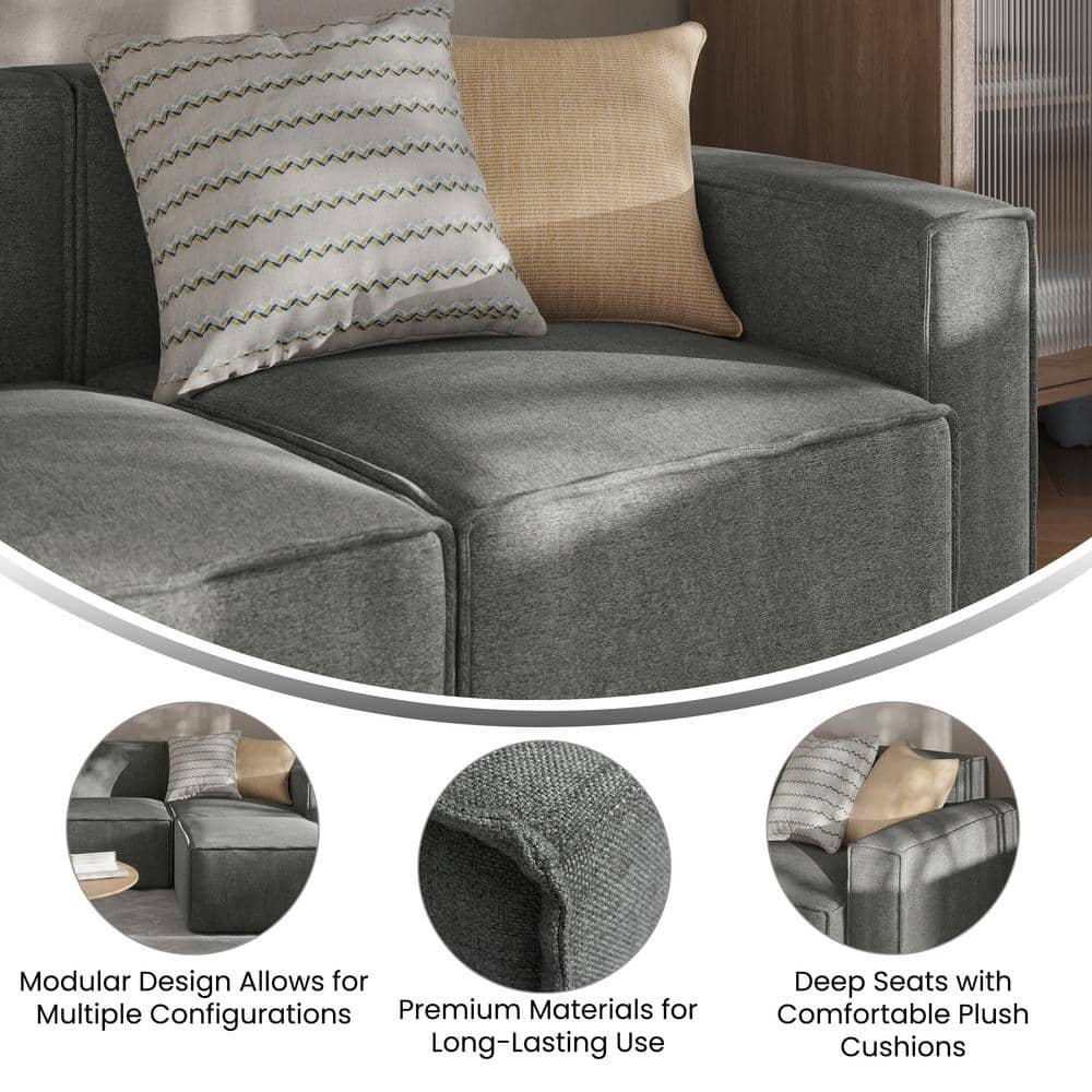 Infographic showing features of the dark grey modular sofa chair.
