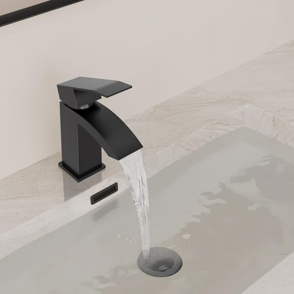 Modern Single-Handle Single Hole Waterfall Bathroom Sink Faucet with Pop-Up Drain in Matte Black