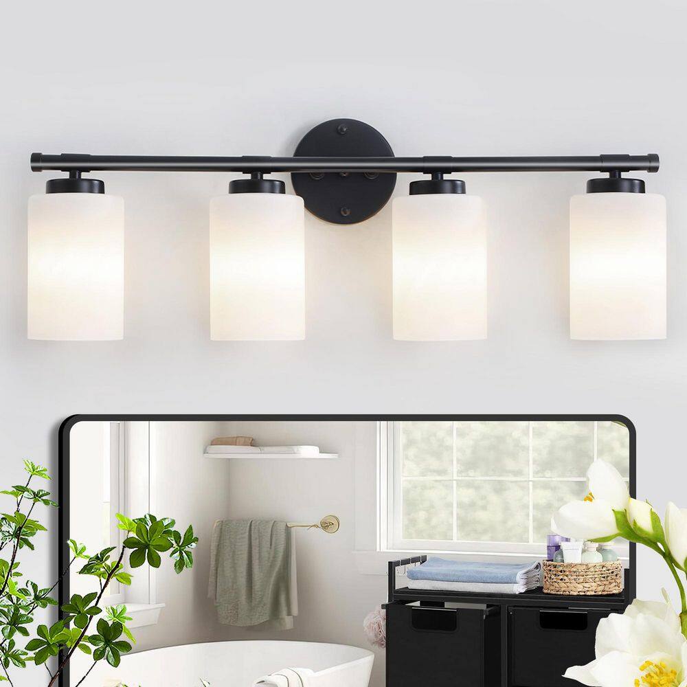 25 in. 4-Light Black Vanity Light with White Frosted Glass Shades price history on PriceWatchPro