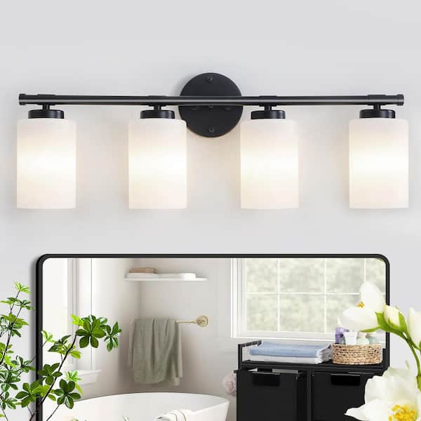 25 in. 4-Light Black Vanity Light with White Frosted Glass Shades