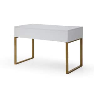 Olin 23.6 in. Wide Rectangular White/Gold Wooden 2-Drawers Writing Desk with Steel Legs