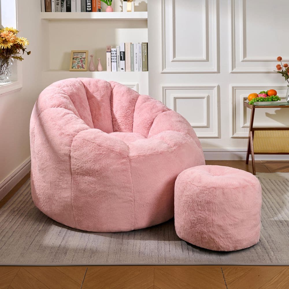 Pink Faux Fur Giant Oversized Ultra Plush Fluffy Comfortable Soft Shell Shaped Floor Sofa Lounge Seat Bean Bag