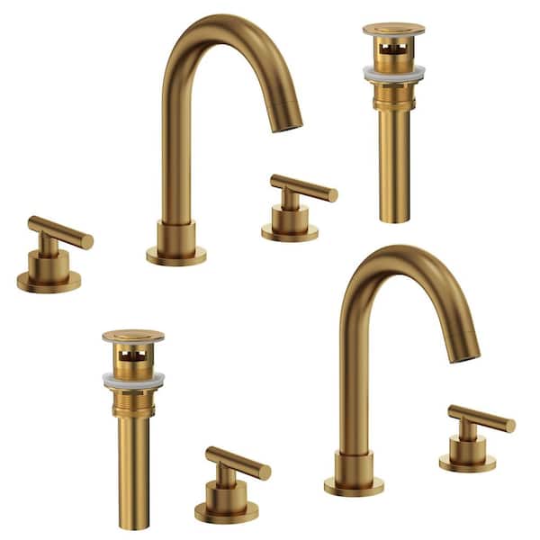 3-Hole 8 in. Widespread Double Handle Bathroom Sink Faucet High-Arc in Brushed Gold with Pop-Up Drain (2-Pack)