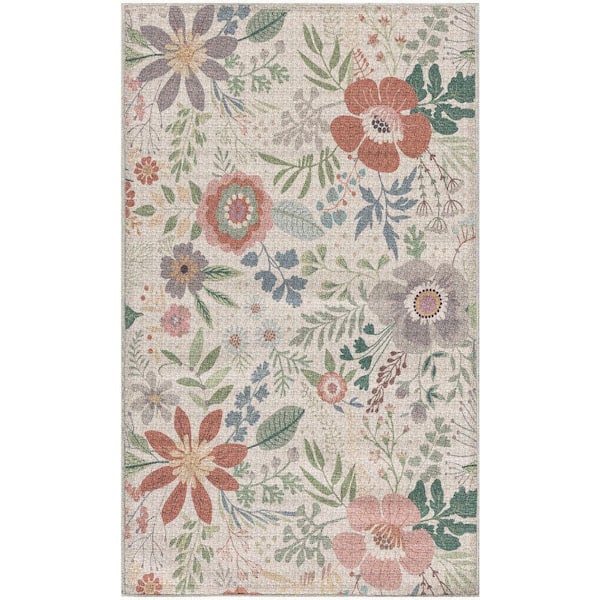 Washables Cream Multicolor 2 ft. x 3 ft. Botanical Traditional Area Rug