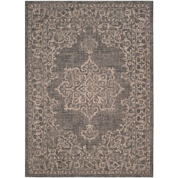Courtyard Black/Natural 8 ft. x 11 ft. Border Ornate Indoor/Outdoor Area Rug