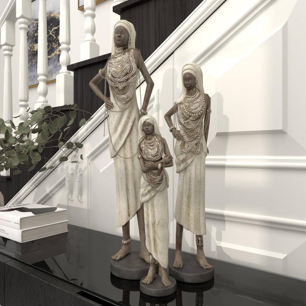 Elegant Trio of Polystone African Woman Sculptures in White