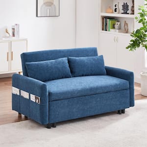 55.1 in. Blue 2-Seater Convertible Pull Out Sofa Bed with Storage Pockets, 2 Pillows and USB Ports