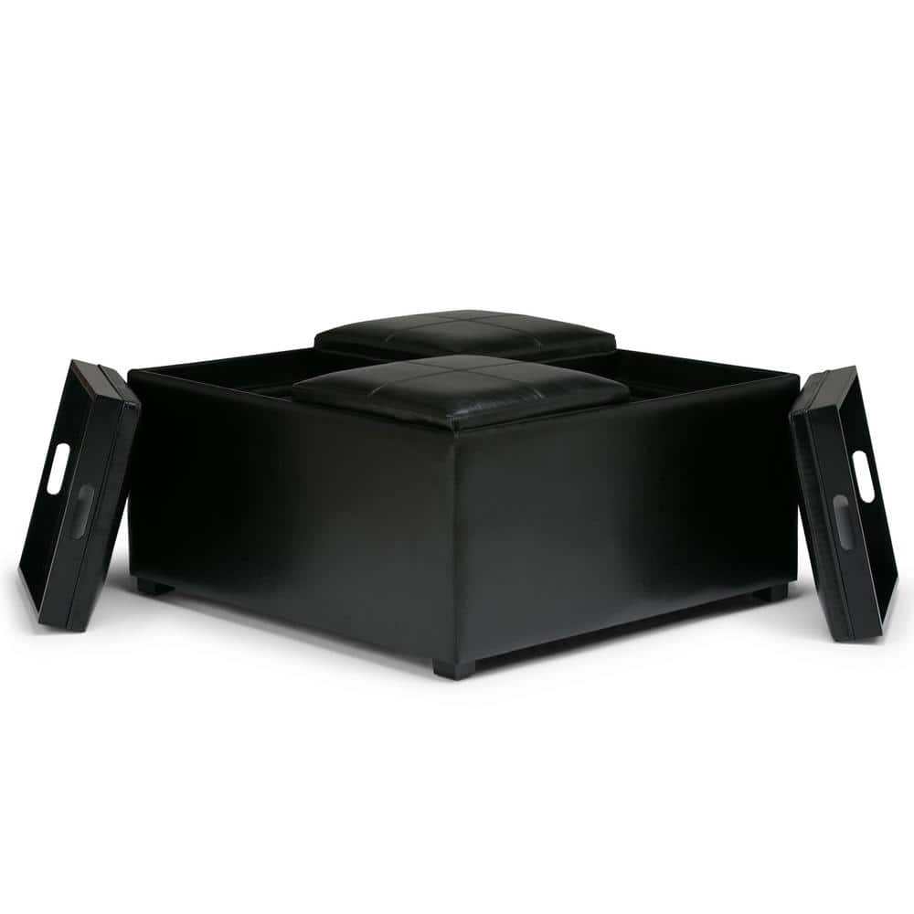 Midnight Black Faux Leather Coffee Table Ottoman with Trays