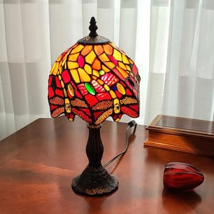 15 in. Dark Brown Metal Candlestick Table Lamp With Red and Black Novelty Shade