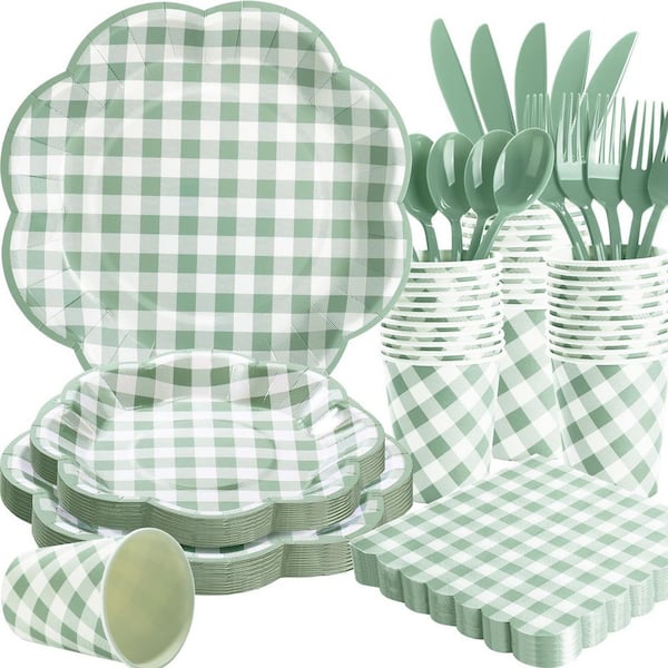 Gingham 9 fl. oz. Green Paper Disposable Waterproof Dinnerware, Spring Picnic BBQ Party Supplies Set of 175