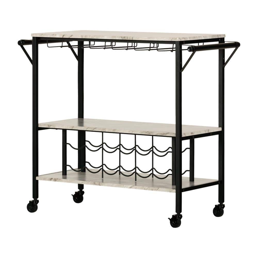 Black Faux Marble Rectangular Bar Cart with Wine Rack