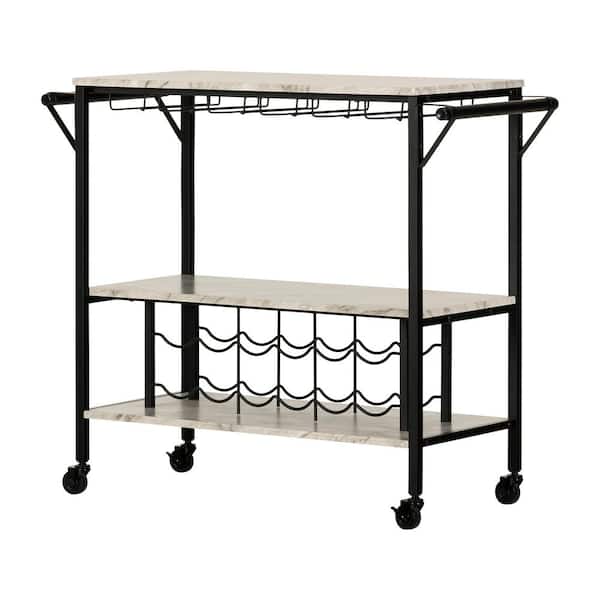 South Shore Maliza Bar Cart with Wine Bottle Storage and Wine Glass Rack Faux Carrara Marble