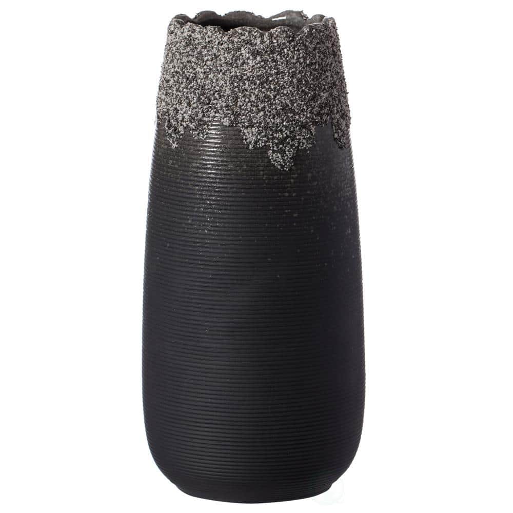 Sleek 8'' Black Ceramic Floor Vase with Dripping Crystal Design