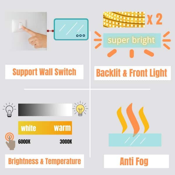 55 in. W x 36 in. H Rectangular Frameless Wall Anti-Fog LED Light Bathroom Vanity Mirror with Backlit and Front Light