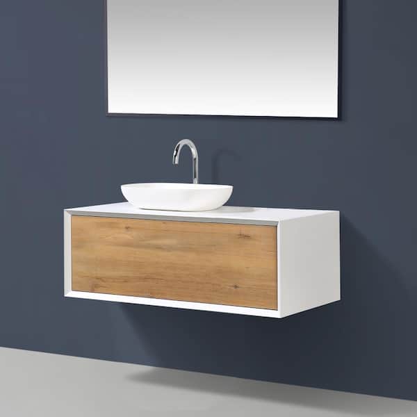 48 in. W x 22 in. D x 16 in. H Wall-Mounted Bath Vanity in White Oak with Matt White Solid Surface Top