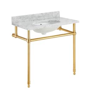 Verona 34.5 in. Console Sink in Brushed Gold with Carrara White Countertop