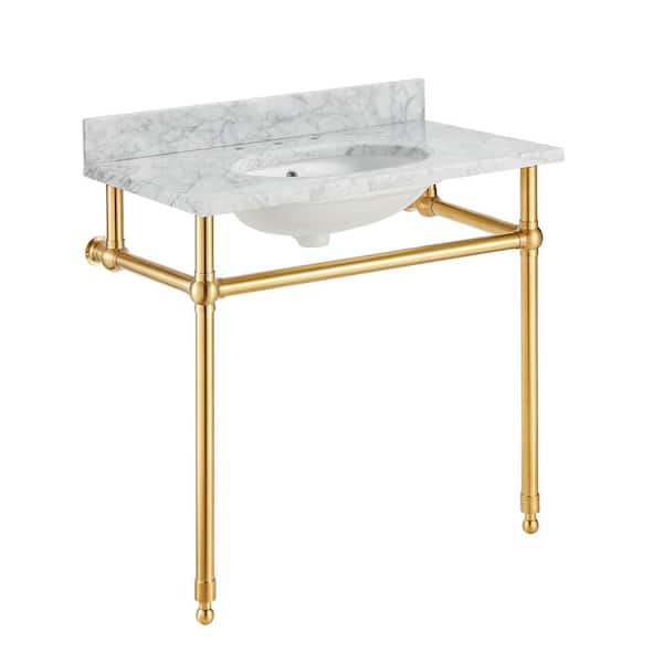 ANZZI Verona 34.5 in. Console Sink in Brushed Gold with Carrara White Countertop