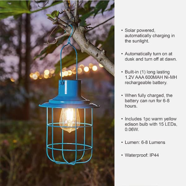 Glitzhome 9.75 in. H Blue Metal Wire Solar Powered Outdoor Hanging 