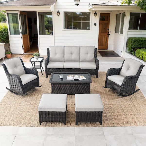 Gymojoy Carlos Beige 7-Piece Brown Wicker Patio Conversation Set 3-Seat Sofa with Rocking Chairs, Coffee Table and Ottomans