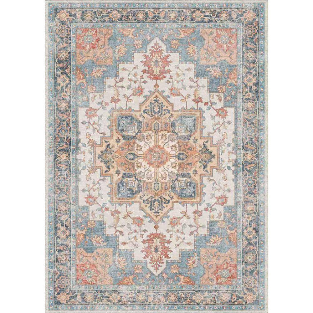 Limlok Medallion Blue Orange Mocha 8 ft. x 10 ft. Persian Area Rug