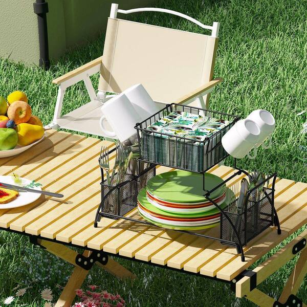 2-Tier Steel Buffet Caddy with Mug Holder Black Finish for Plates