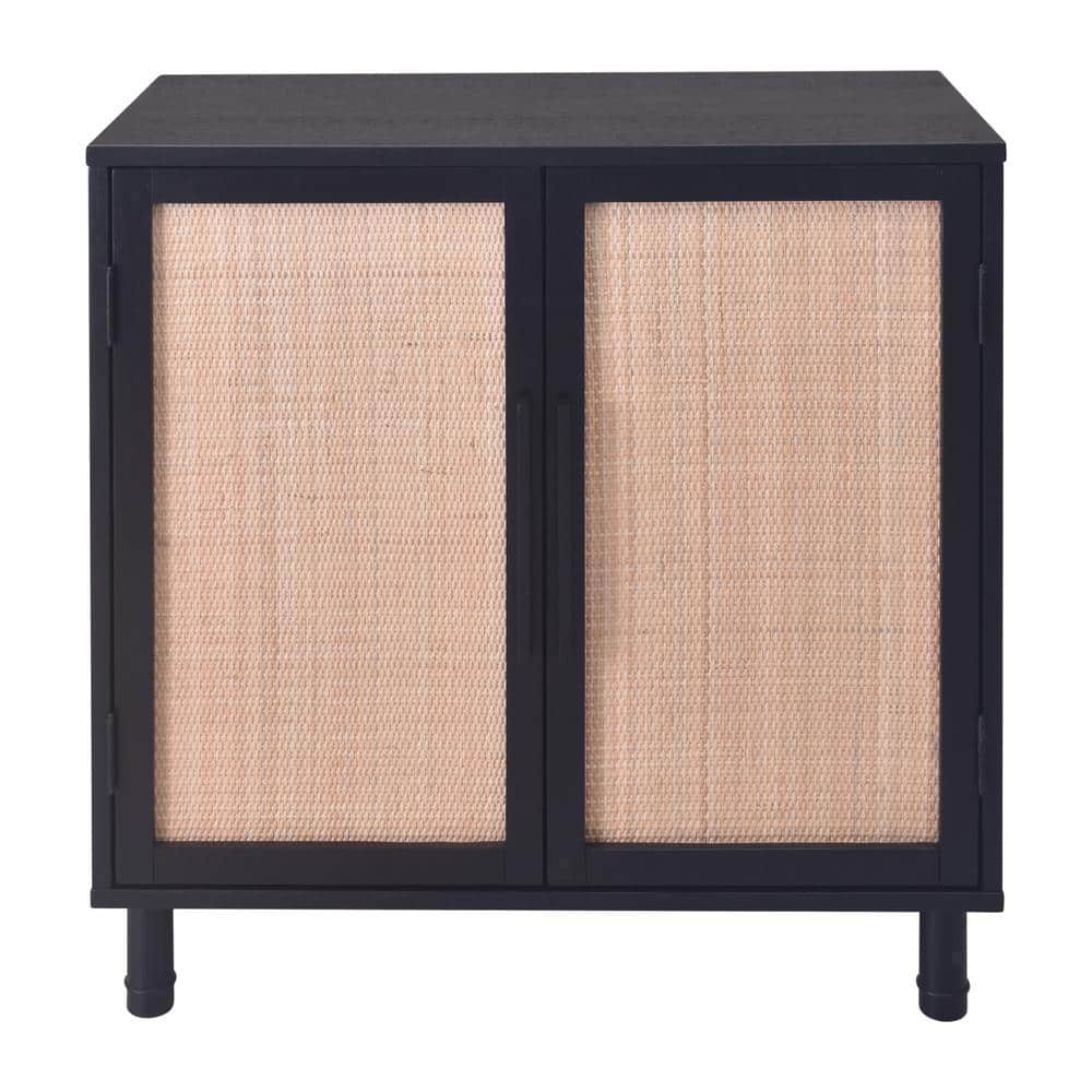 Delancey Boho-Modern Black/Brown Rattan 2-Door Storage Cabinet
