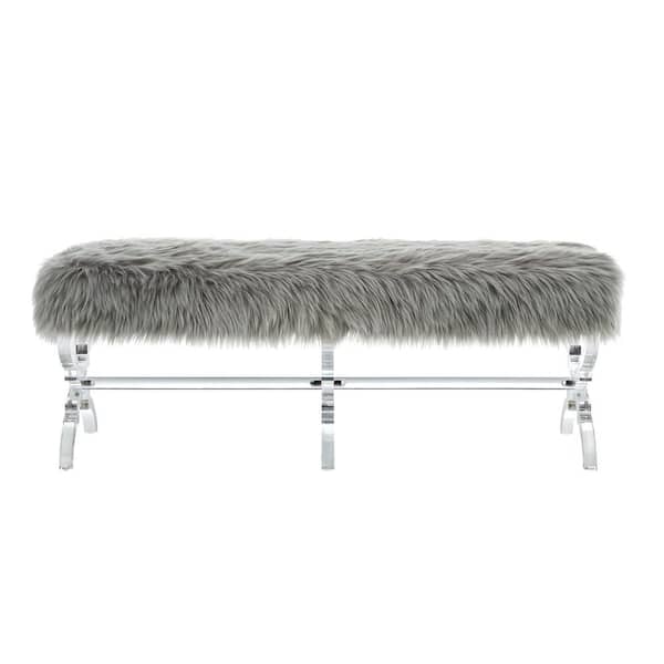 HomeRoots Amelia Gray 48 in. Faux Fur Bedroom Bench Backless Upholstered