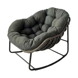 Brown Frame Metal Outdoor Rocking Chair, Oversized Rattan Egg with Dark Gray Thick Cushion For Backyard, Patio, Poolside