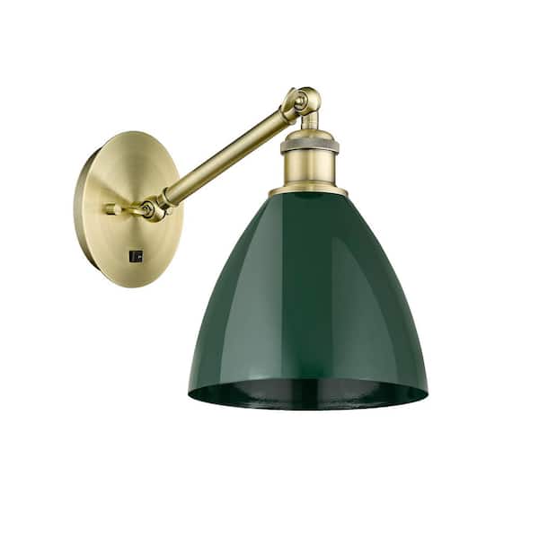 Plymouth Dome 1-Light Antique Brass, Green Wall Sconce with Green Metal Shade