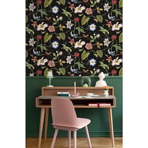 40.5 sq. ft. Jet Black Summer Garden Floral Vinyl Peel and Stick Wallpaper Roll