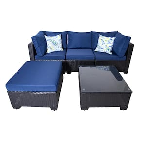 4-Pieces PE Wicker Outdoor All Weather Sectional Set with Navy Blue Cushions and Glass Top Table and Ottomans