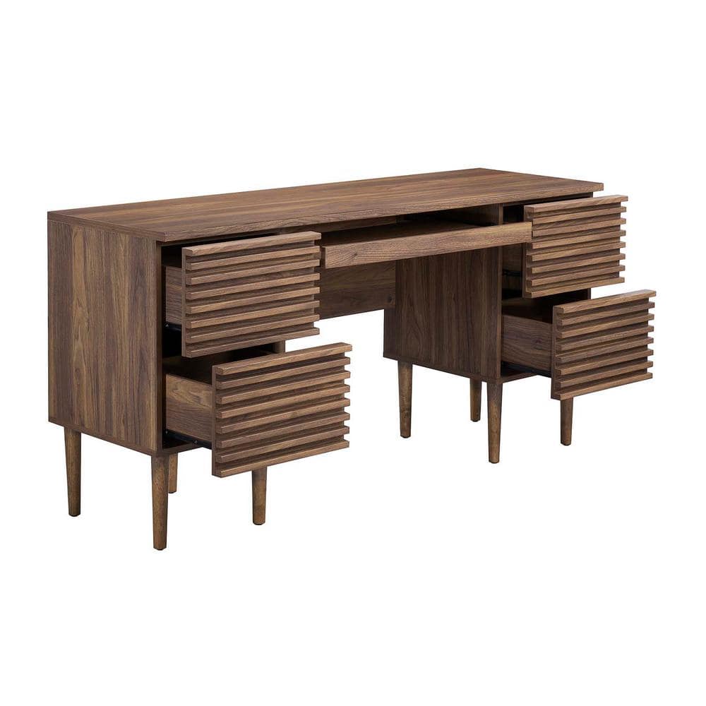 Walnut Mid-Century Modern Office Desk with Drawers and Keyboard Tray