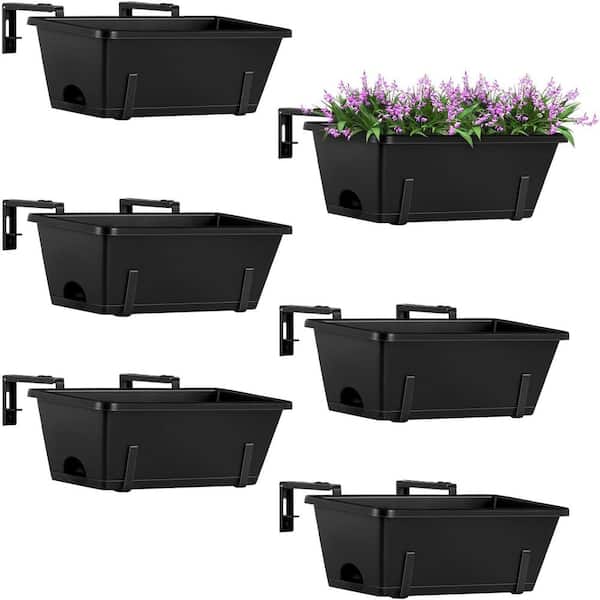 Hanging Flowerpots for Balustrades Plastic Window Planter Holder with Removable Hooks, White and Black (6-Pieces)