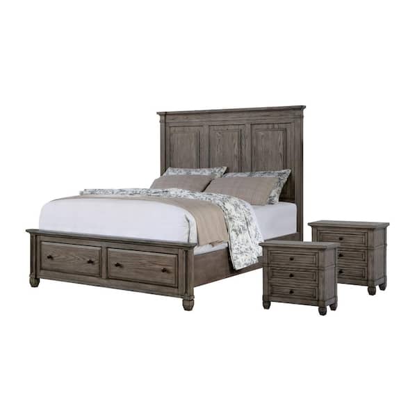 Dotta 3-Piece Gray Queen Wood Bedroom Set, Bed and 2 Nightstands