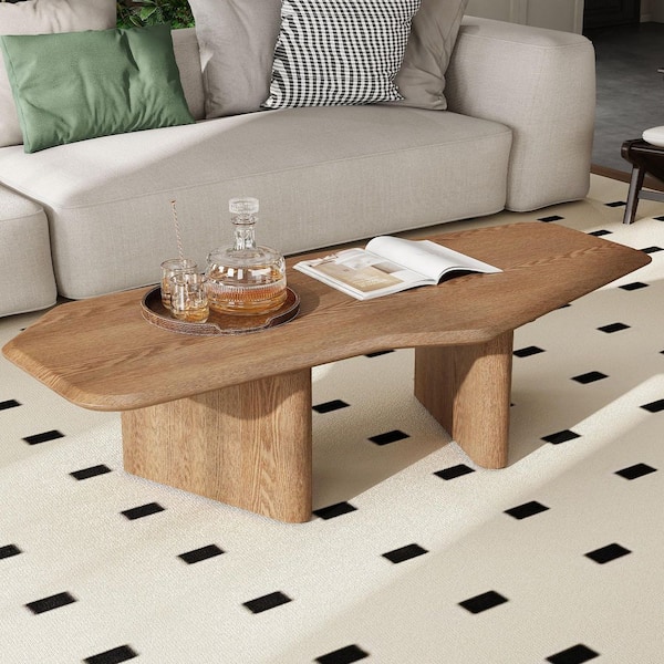 Lydia 47.2 in. Walnut Rectangle MDF and Solid Wood Veneer Coffee Table with Pedestal Base