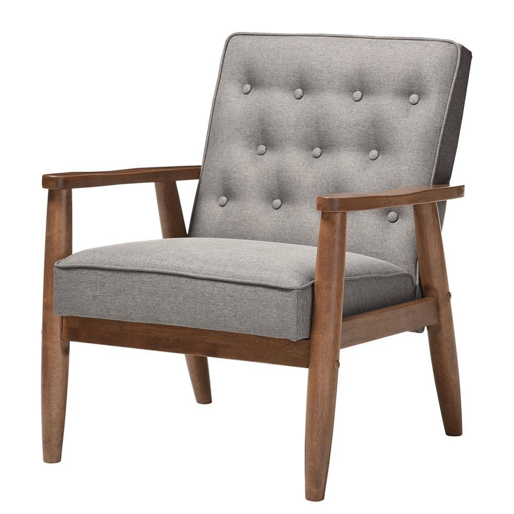 Gray Faux Leather Mid-Century Modern Accent Chair with Maple Wood Frame
