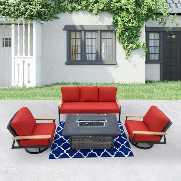 HiGreen Outdoor Manbo 4-Piece Wicker Patio Fire Pit Seating Set with Sunbrella Canvas Terracotta Cushions and Rectangular Fire Pit Table