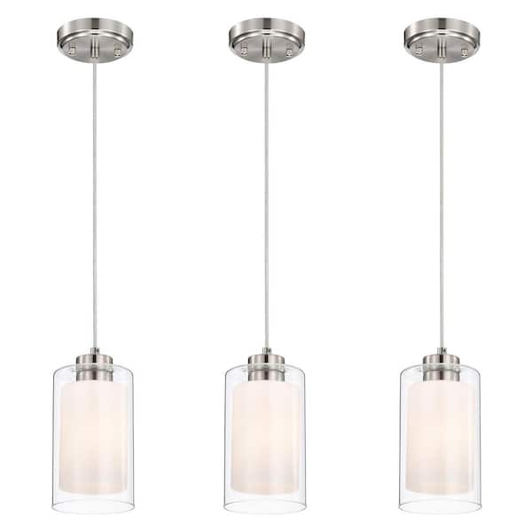 Avenue 1-Light Brushed Nickel Mini Pendant Light with Clear Glass and White Glass Dual Shades (3-Pack)