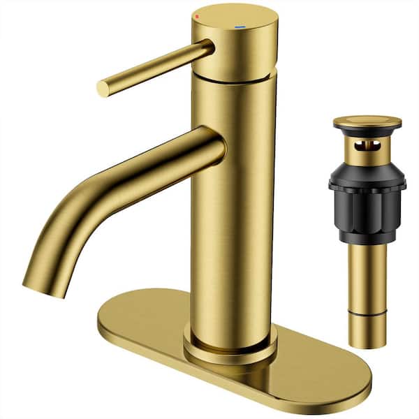 Single Handle Mid-Arc Bathroom Faucet with Deckplate and Pop-Up Drain in Gold