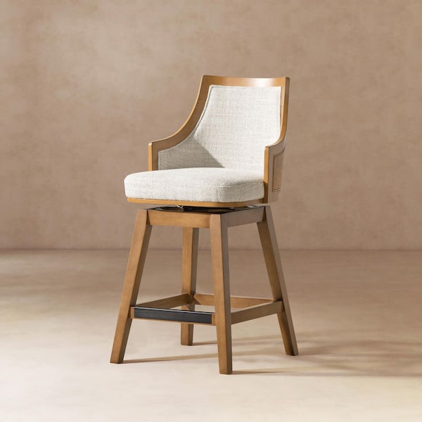Bahama 38.5 in. Cane Rattan Wood Frame High-Back Swivel Counter Stool with Recessed Arms in 2-Tone Neutral Gray