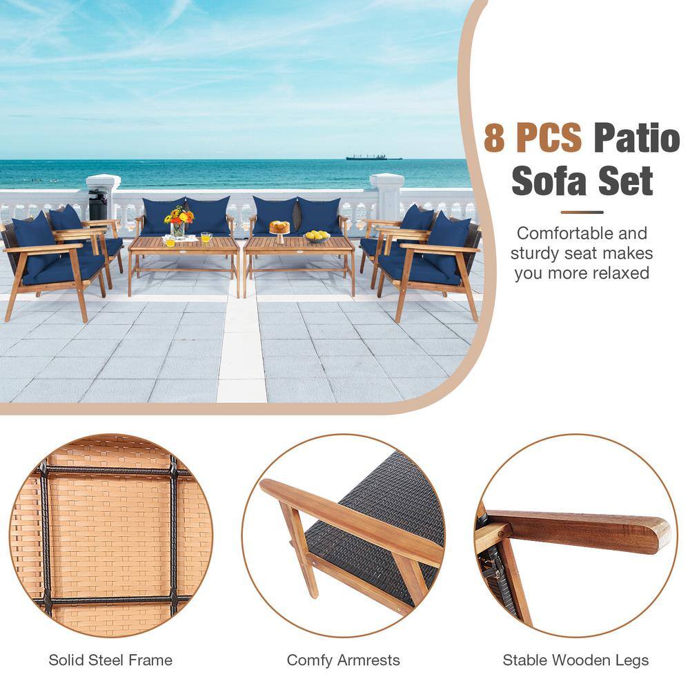 Navy Acacia Wood and Rattan 4-Piece Outdoor Patio Set