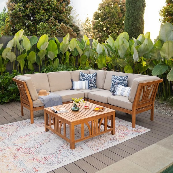 Kinsley 6-Piece Teak Wood Outdoor Patio Set in Beige Cushion