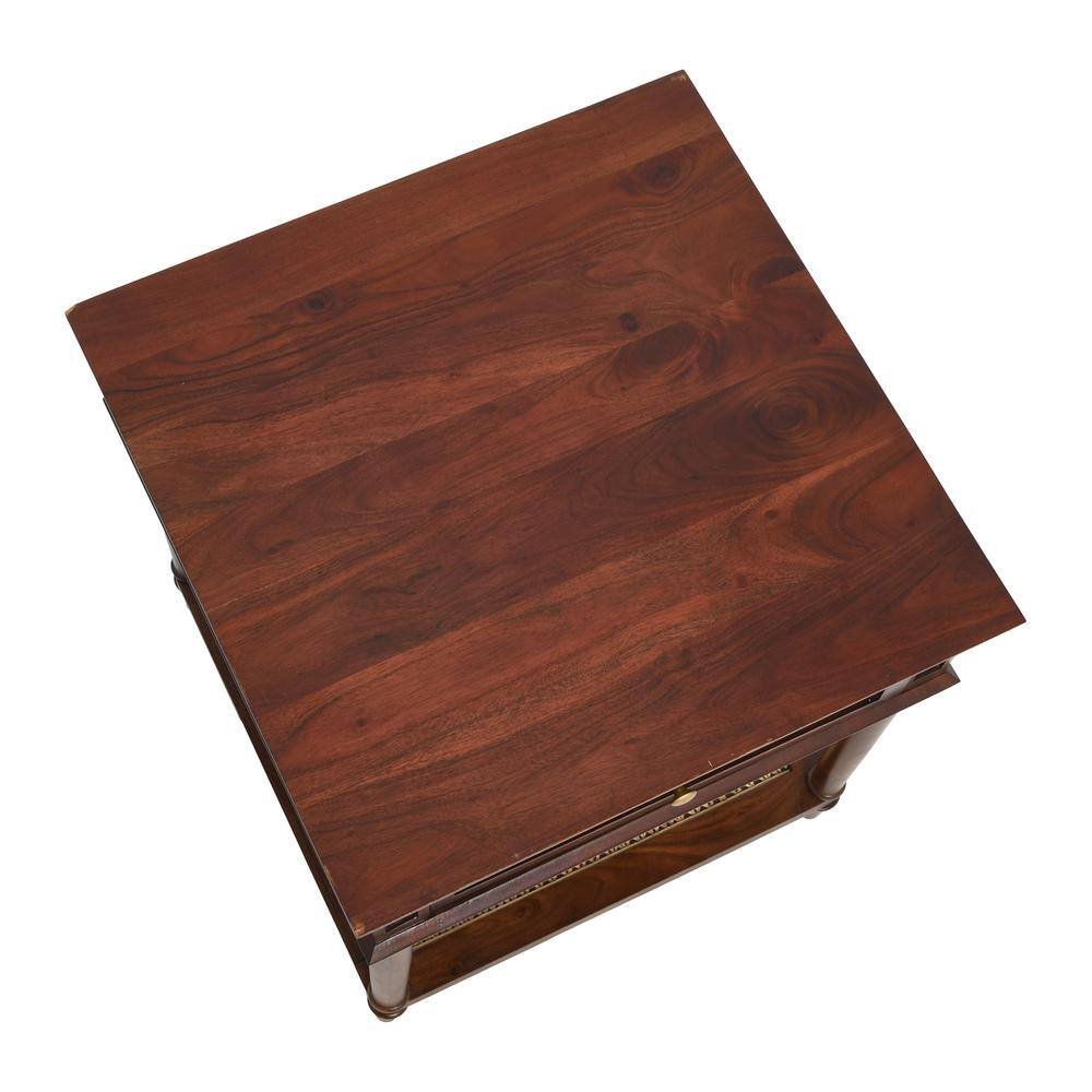 Dark Chestnut Solid Wood End Table with Cane Shelf and Drawer