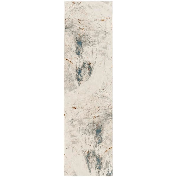 Nourison Desire Ivory Grey Blue 2 ft. x 8 ft. Abstract Contemporary Runner Area Rug
