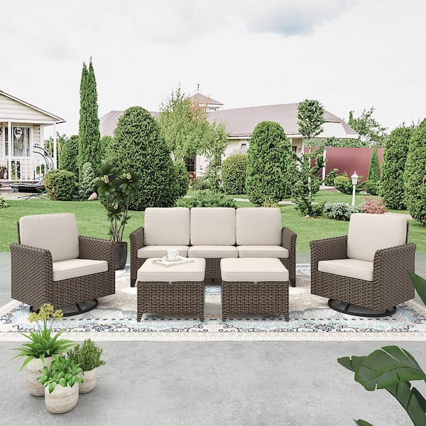 INMITOM 5-Piece Wicker Outdoor Patio Conversation Set with Swivel Chairs, 3-Seater Sofa, Ottomans, and Beige Cushions