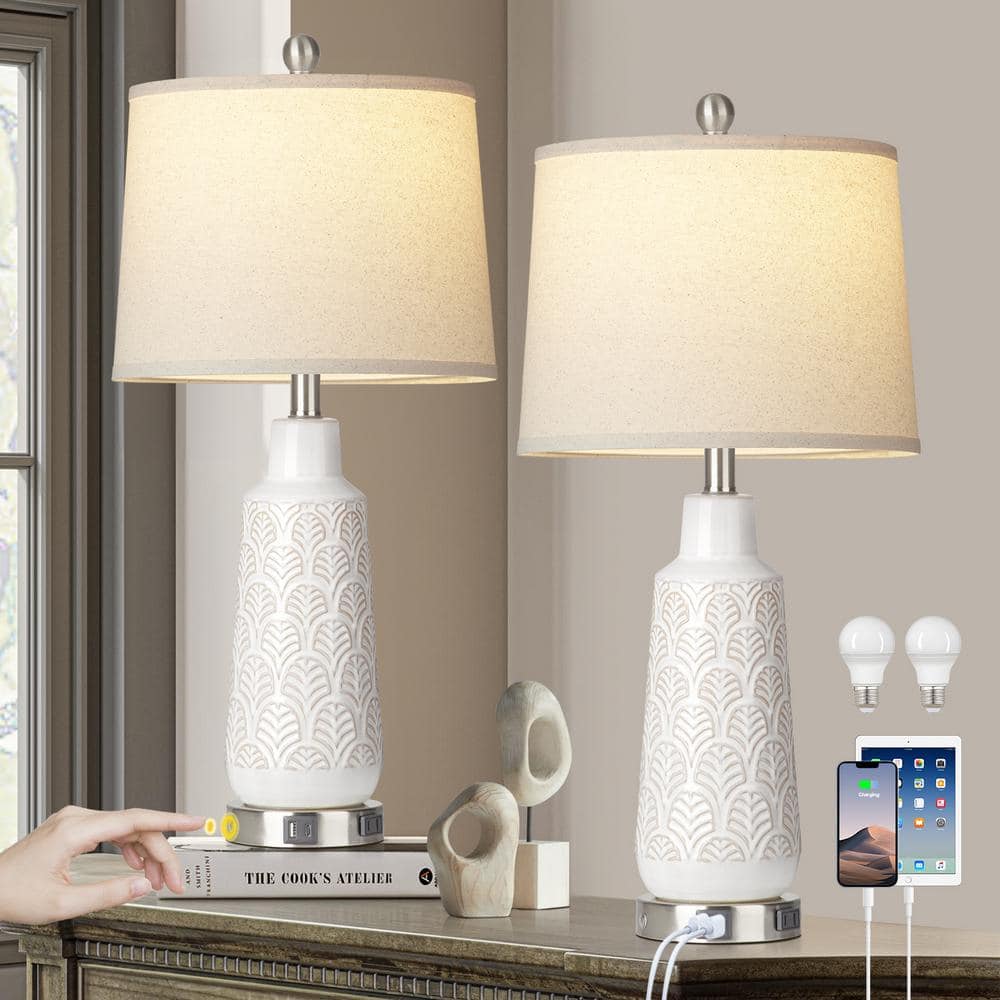 Cinkeda 27 in. White Ceramic Table Lamp Set with USB and Type-C Ports ...