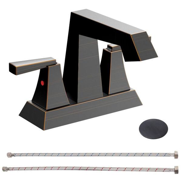 4 in. Centerset Double Handle Low Arc Bathroom Faucet with Drain Kit Included in Oil Rubbed Bronze